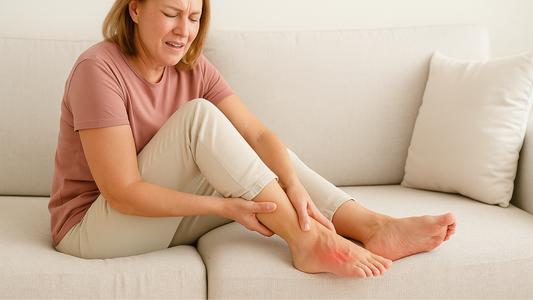 Mujer en menopausia con calambres en las piernas y los pies.